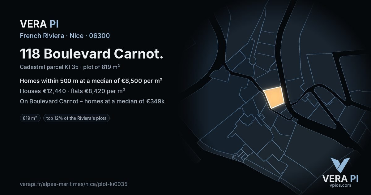 118 Boulevard Carnot, Nice at night – the plot lit, the parcels around coloured by the prices near them