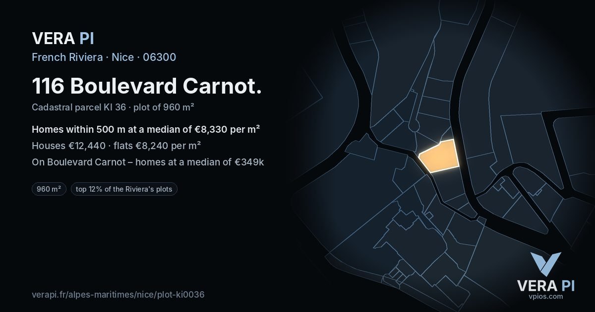 116 Boulevard Carnot, Nice at night – the plot lit, the parcels around coloured by the prices near them