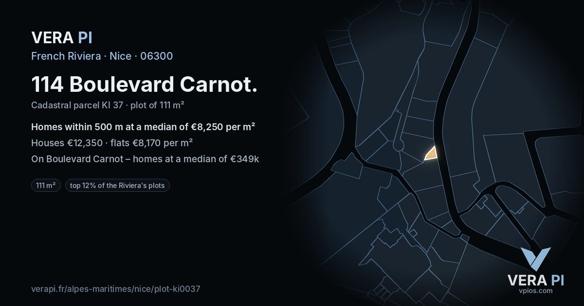 114 Boulevard Carnot, Nice at night – the plot lit, the parcels around coloured by the prices near them