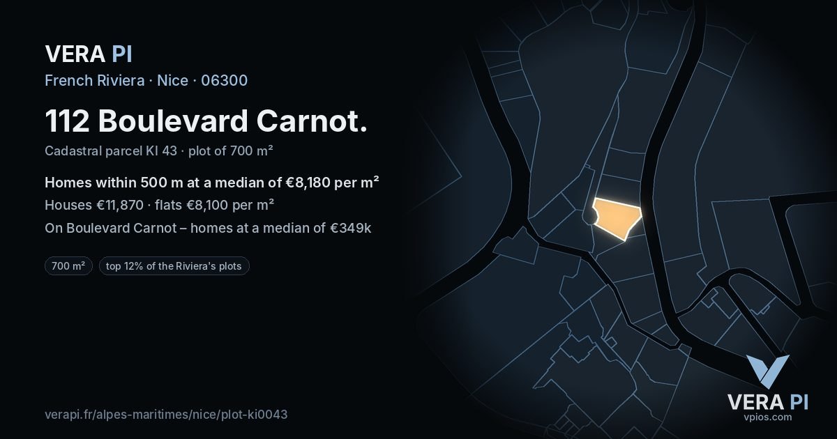 112 Boulevard Carnot, Nice at night – the plot lit, the parcels around coloured by the prices near them