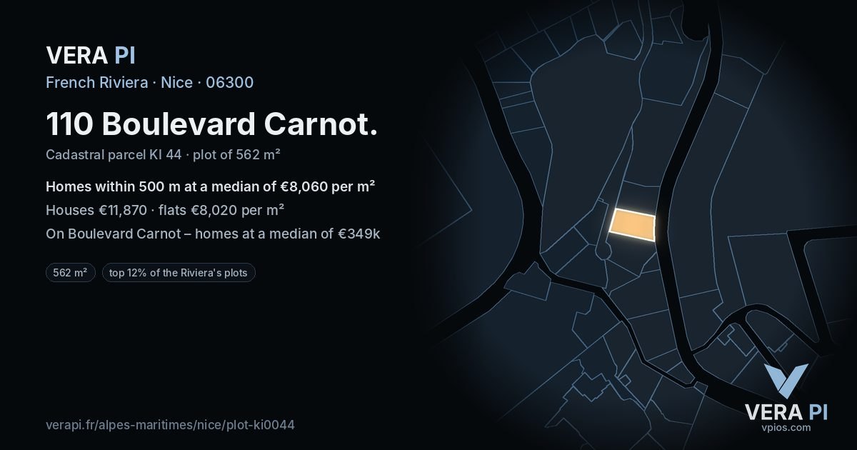 110 Boulevard Carnot, Nice at night – the plot lit, the parcels around coloured by the prices near them