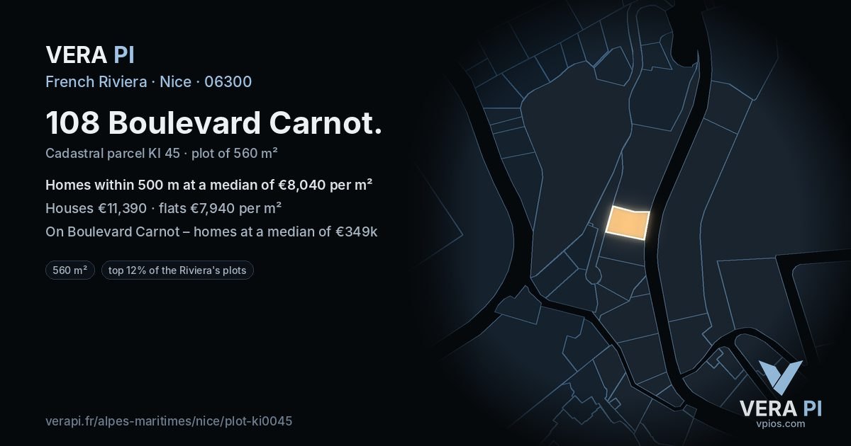 108 Boulevard Carnot, Nice at night – the plot lit, the parcels around coloured by the prices near them