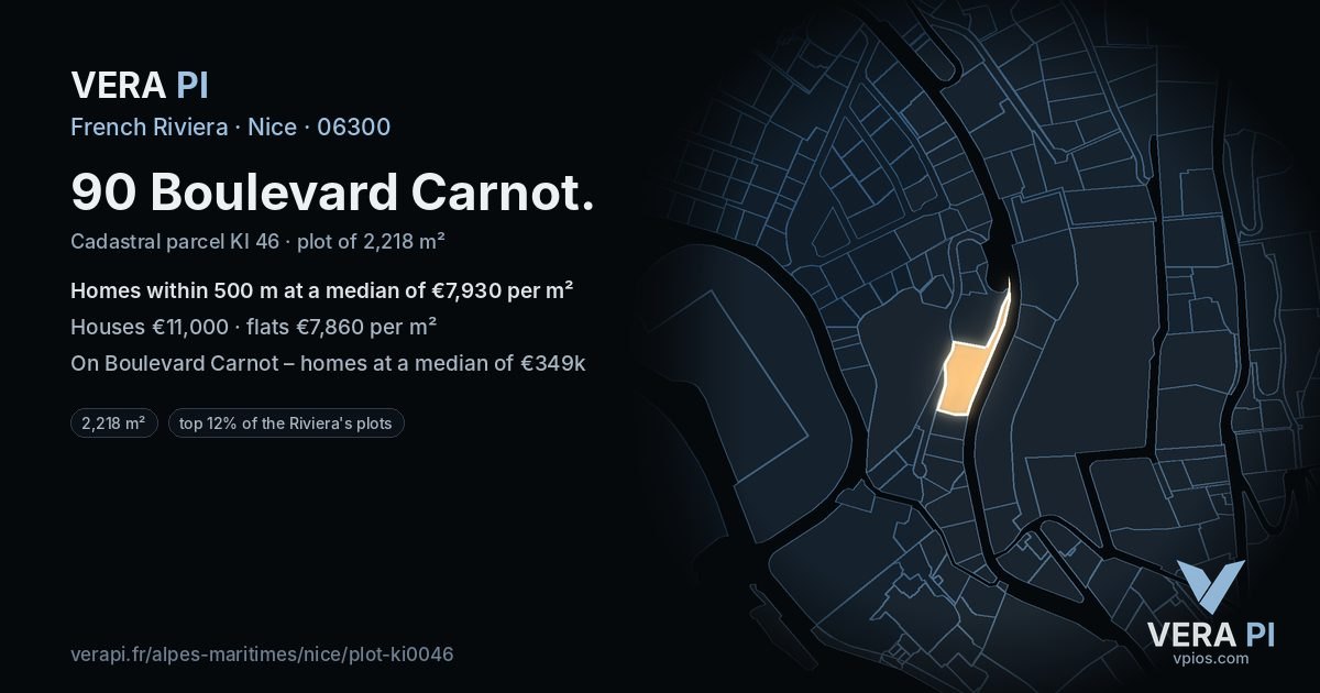 90 Boulevard Carnot, Nice at night – the plot lit, the parcels around coloured by the prices near them