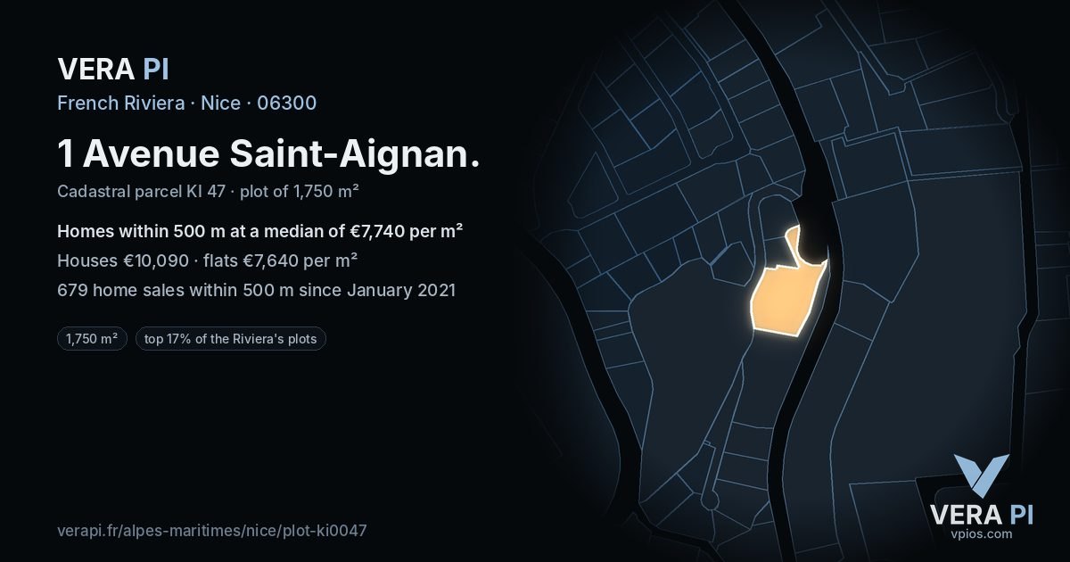 1 Avenue Saint-Aignan, Nice at night – the plot lit, the parcels around coloured by the prices near them