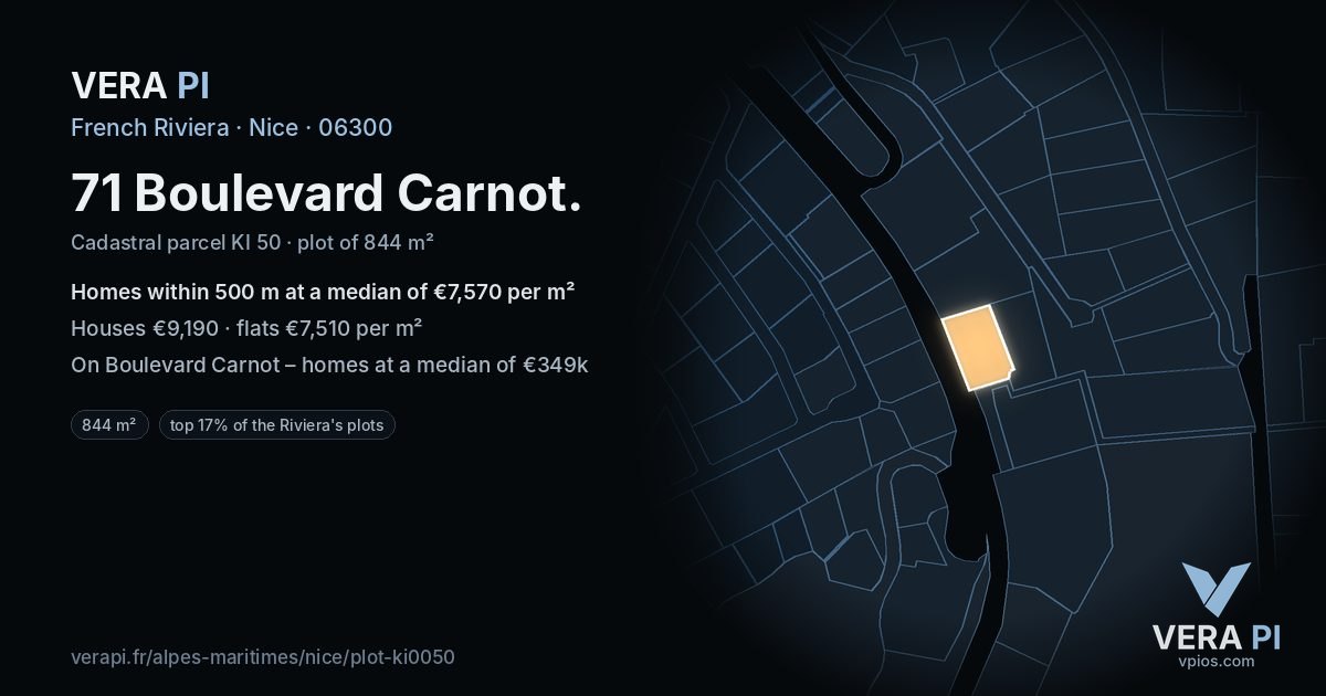 71 Boulevard Carnot, Nice at night – the plot lit, the parcels around coloured by the prices near them