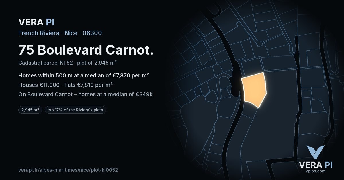 75 Boulevard Carnot, Nice at night – the plot lit, the parcels around coloured by the prices near them