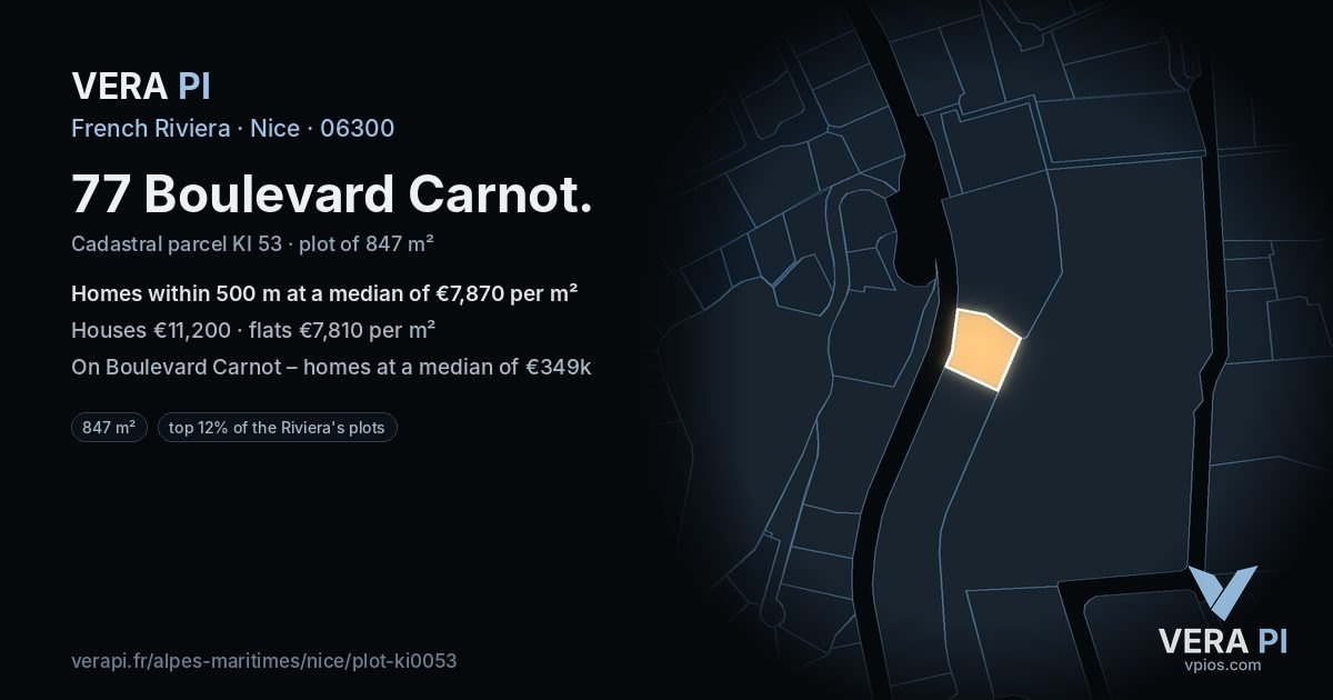 77 Boulevard Carnot, Nice at night – the plot lit, the parcels around coloured by the prices near them