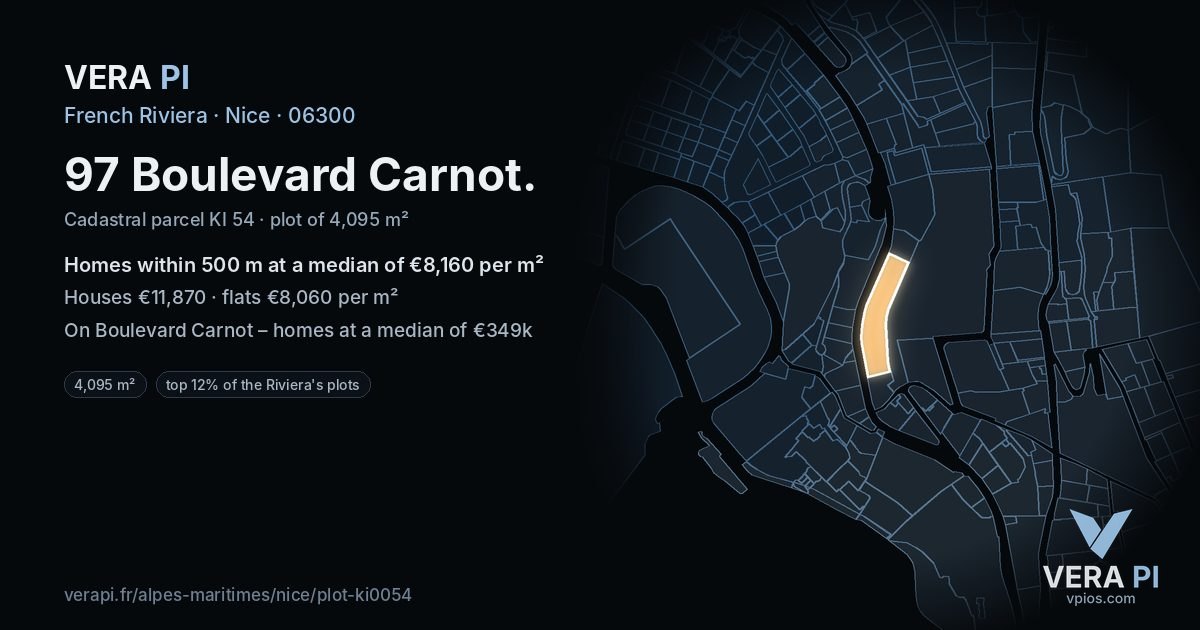 97 Boulevard Carnot, Nice at night – the plot lit, the parcels around coloured by the prices near them