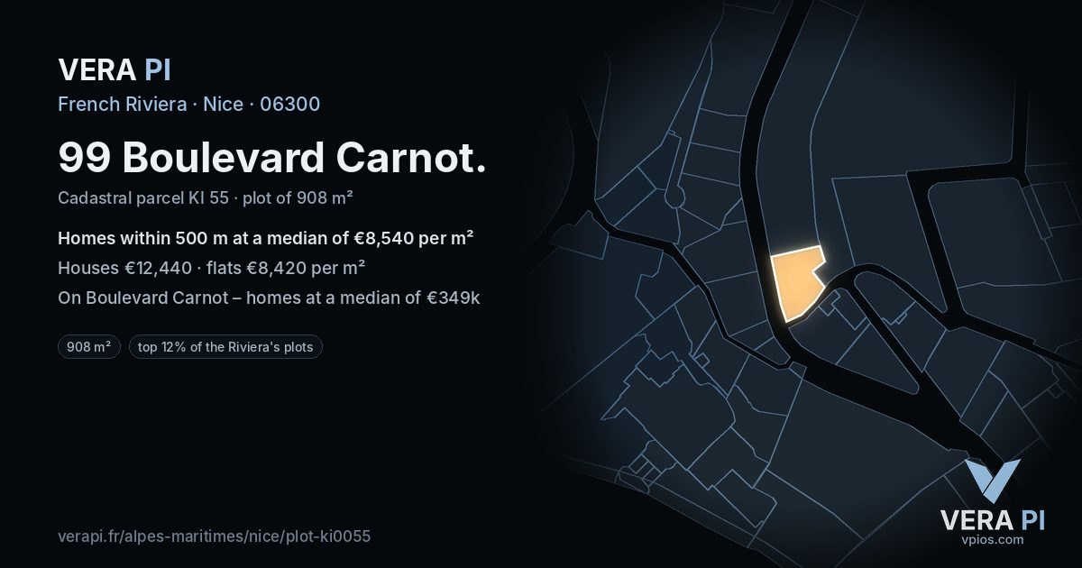 99 Boulevard Carnot, Nice at night – the plot lit, the parcels around coloured by the prices near them
