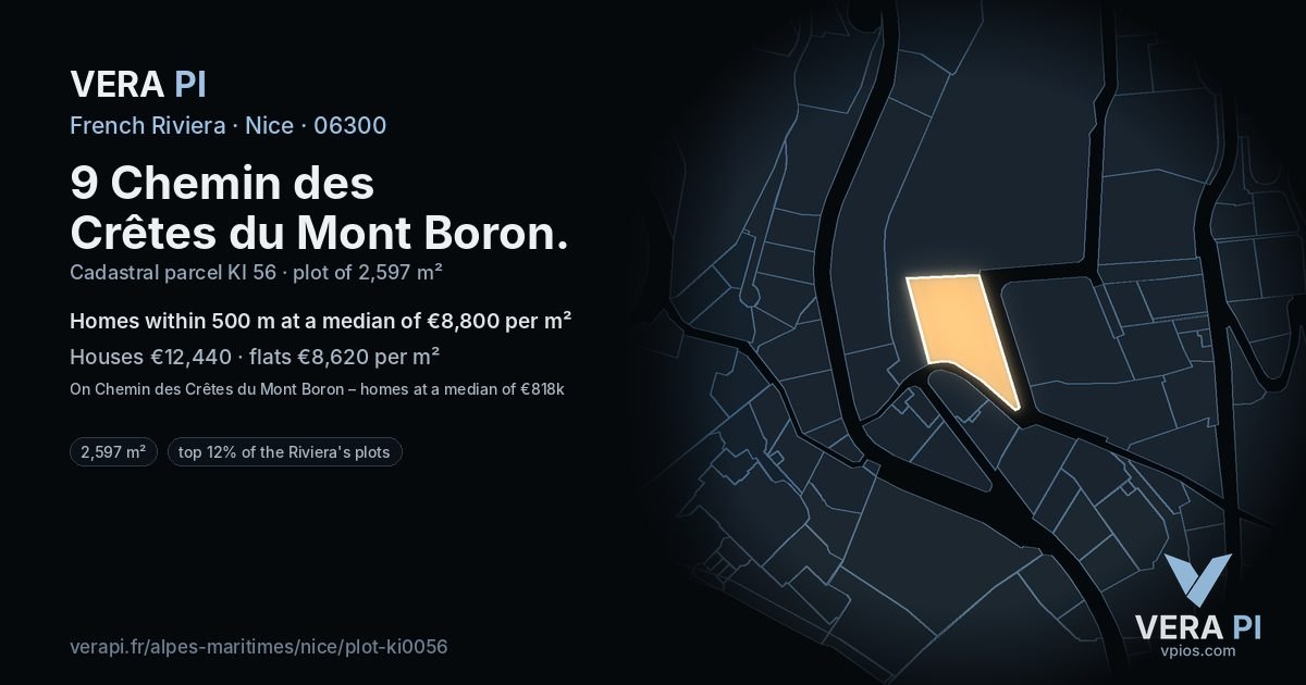 9 Chemin des Crêtes du Mont Boron, Nice at night – the plot lit, the parcels around coloured by the prices near them