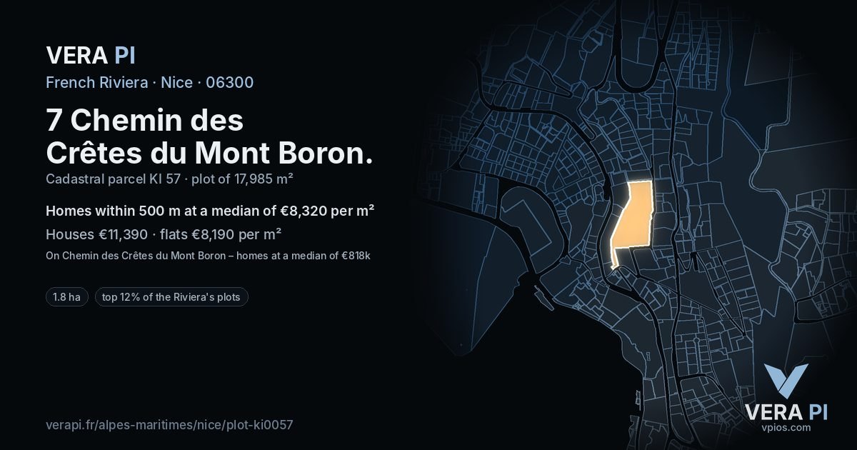7 Chemin des Crêtes du Mont Boron, Nice at night – the plot lit, the parcels around coloured by the prices near them
