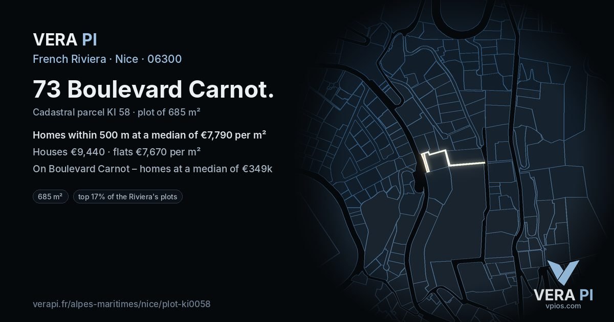 73 Boulevard Carnot, Nice at night – the plot lit, the parcels around coloured by the prices near them