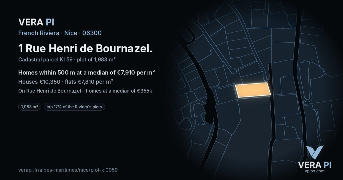 1 Rue Henri de Bournazel, Nice at night – the plot lit, the parcels around coloured by the prices near them