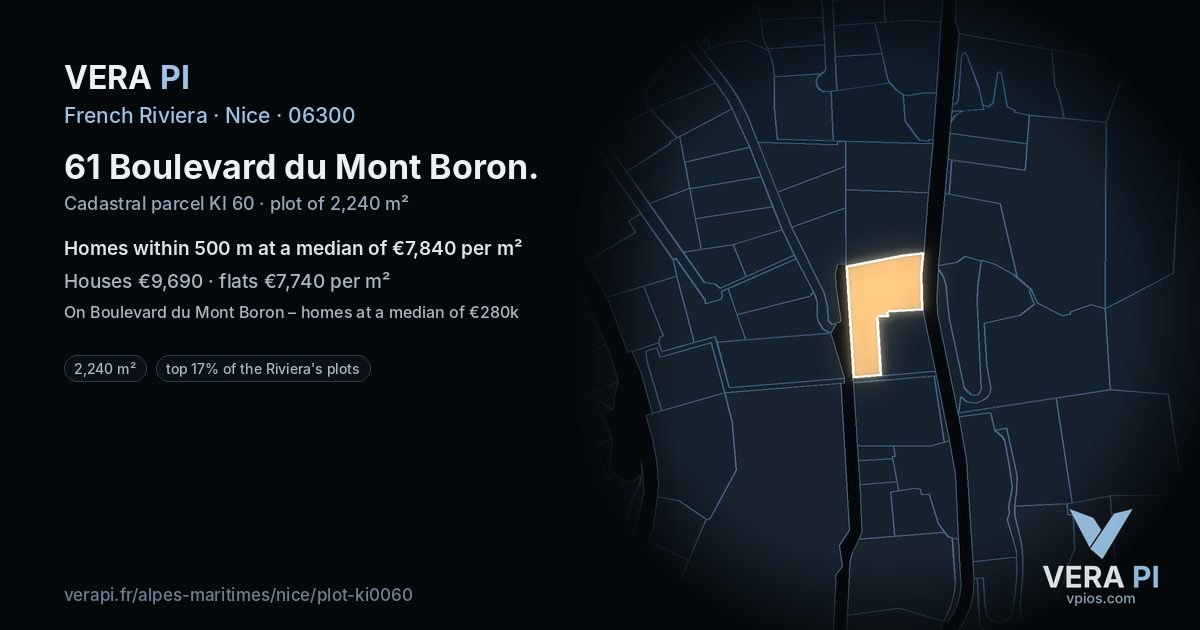 61 Boulevard du Mont Boron, Nice at night – the plot lit, the parcels around coloured by the prices near them