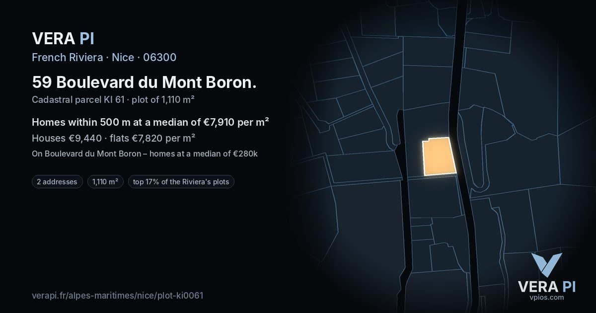 59 Boulevard du Mont Boron, Nice at night – the plot lit, the parcels around coloured by the prices near them