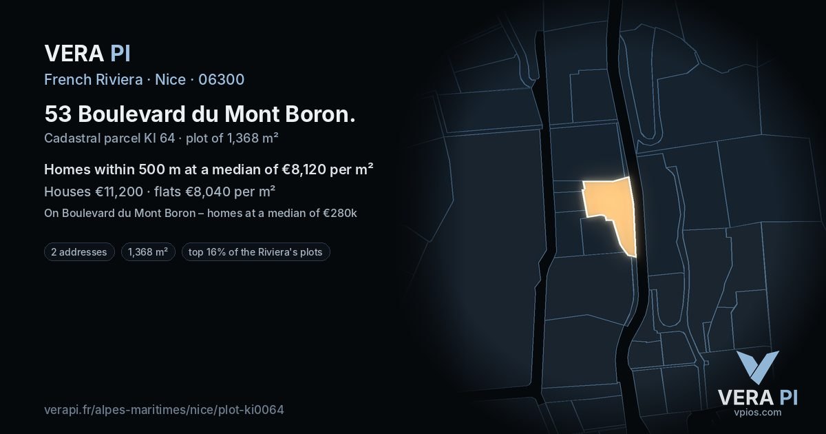 53 Boulevard du Mont Boron, Nice at night – the plot lit, the parcels around coloured by the prices near them
