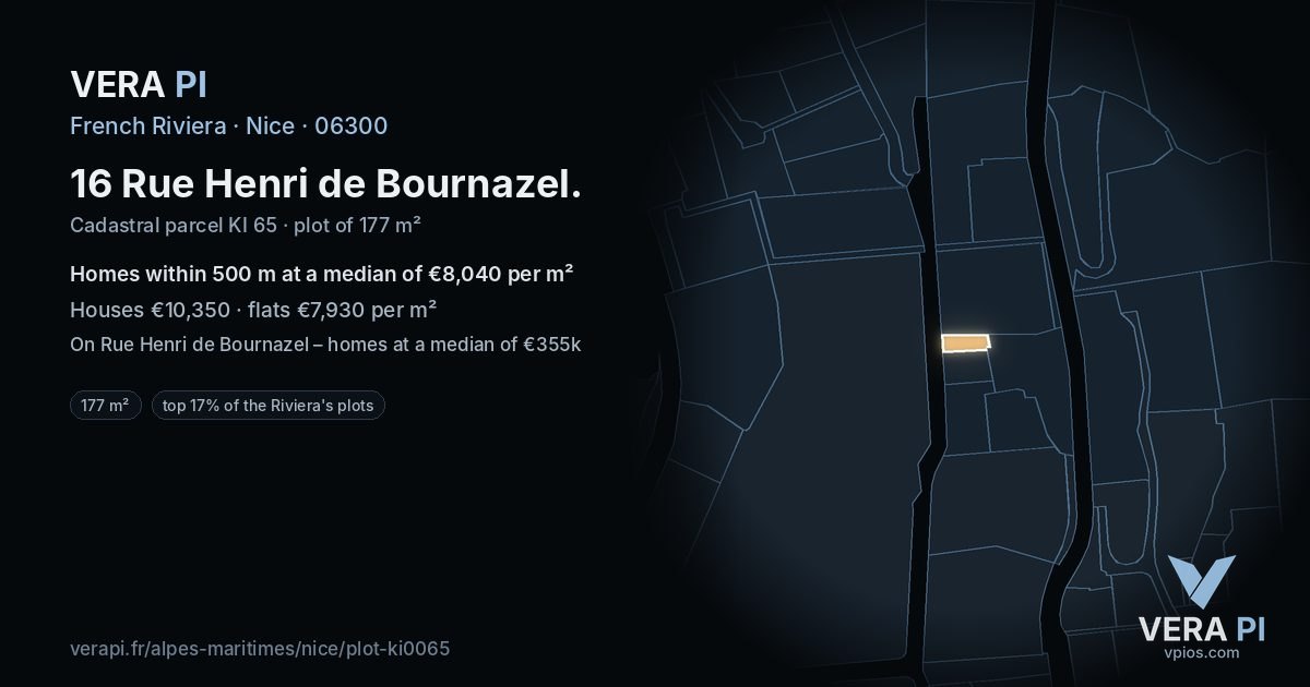 16 Rue Henri de Bournazel, Nice at night – the plot lit, the parcels around coloured by the prices near them