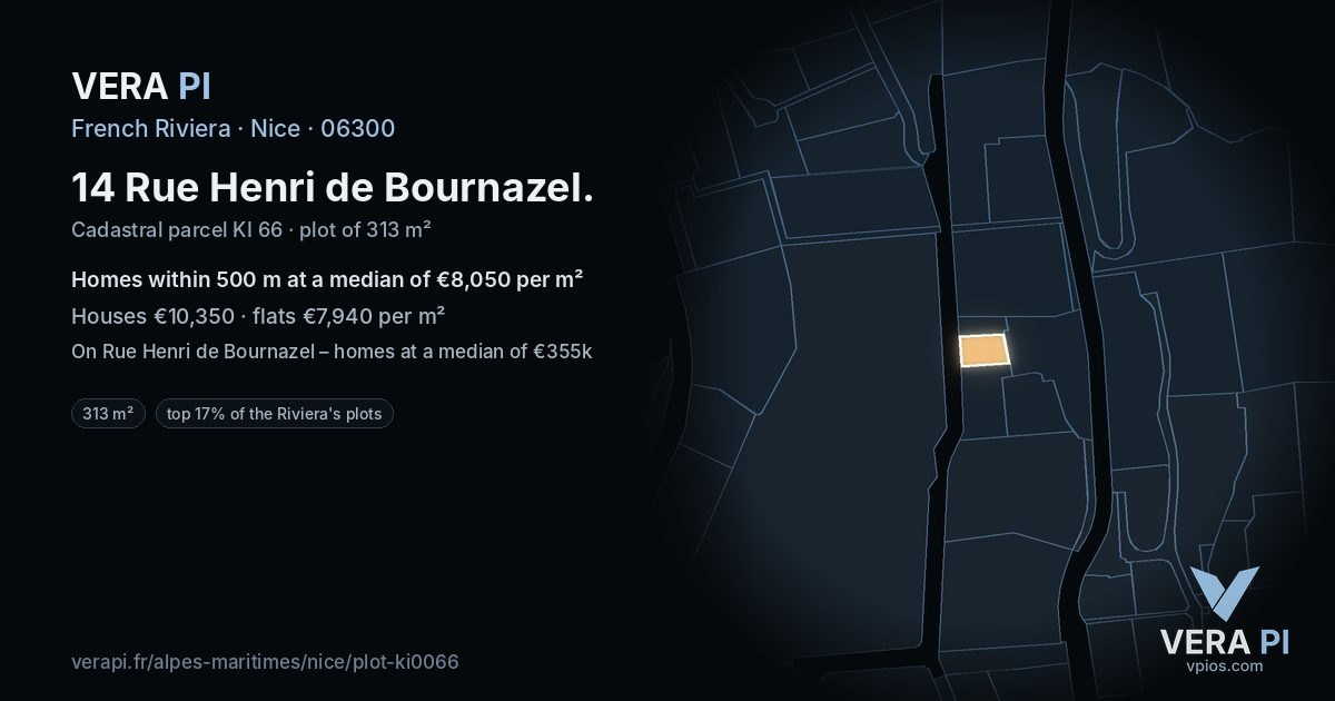 14 Rue Henri de Bournazel, Nice at night – the plot lit, the parcels around coloured by the prices near them
