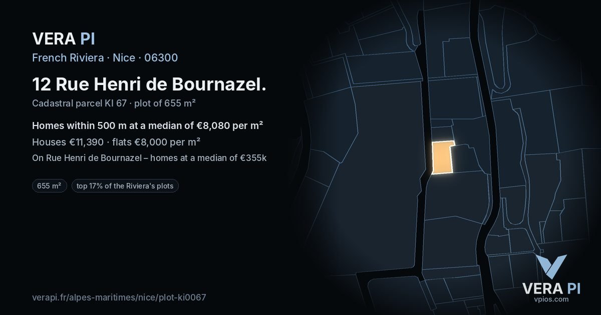 12 Rue Henri de Bournazel, Nice at night – the plot lit, the parcels around coloured by the prices near them