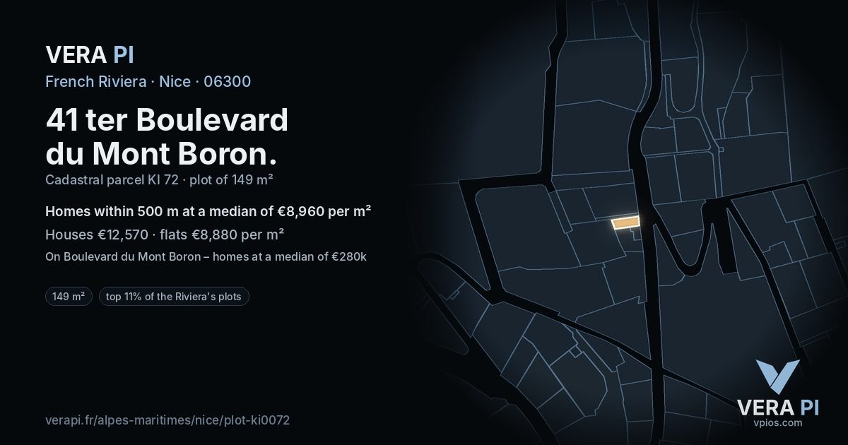 41 ter Boulevard du Mont Boron, Nice at night – the plot lit, the parcels around coloured by the prices near them