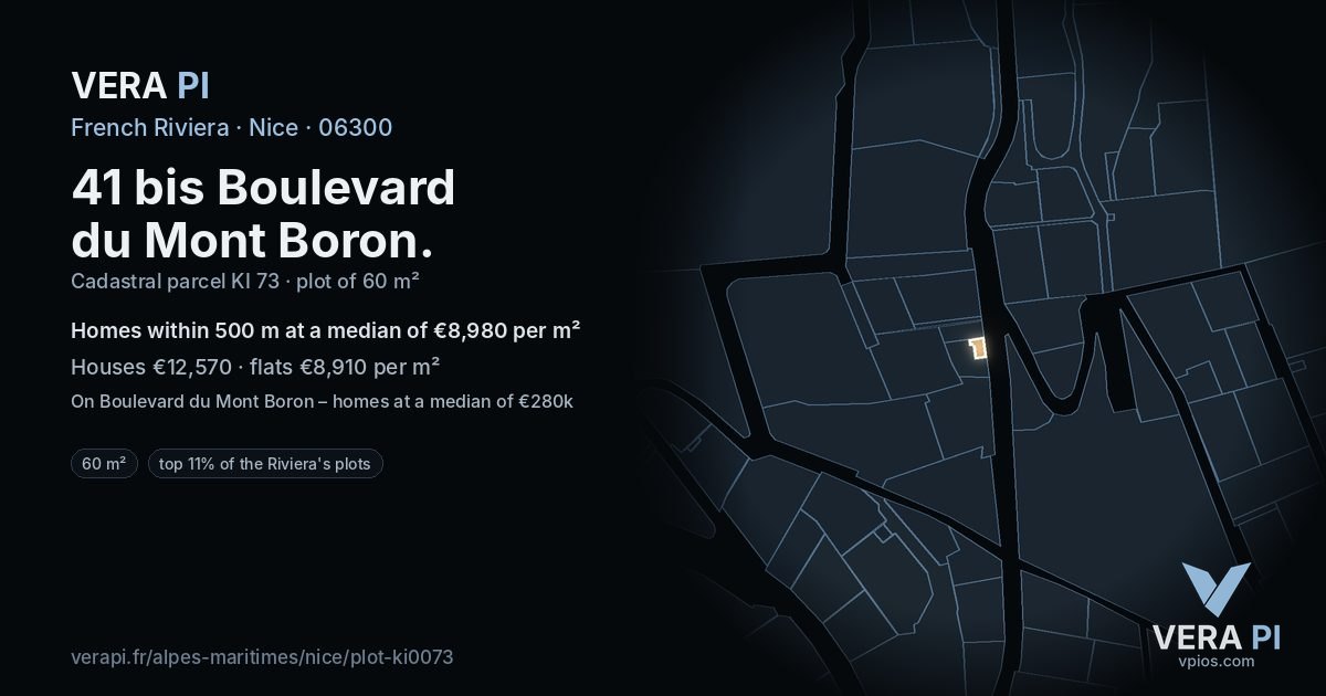 41 bis Boulevard du Mont Boron, Nice at night – the plot lit, the parcels around coloured by the prices near them