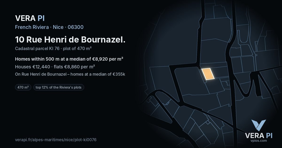 10 Rue Henri de Bournazel, Nice at night – the plot lit, the parcels around coloured by the prices near them