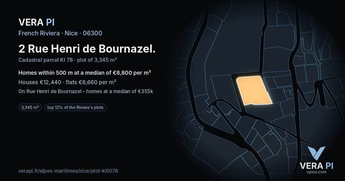 2 Rue Henri de Bournazel, Nice at night – the plot lit, the parcels around coloured by the prices near them