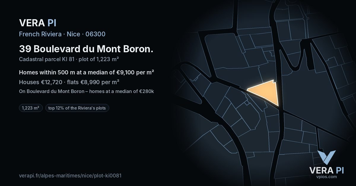 39 Boulevard du Mont Boron, Nice at night – the plot lit, the parcels around coloured by the prices near them