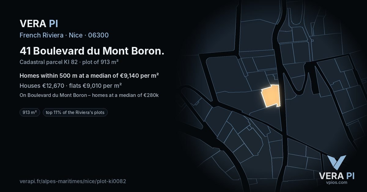 41 Boulevard du Mont Boron, Nice at night – the plot lit, the parcels around coloured by the prices near them