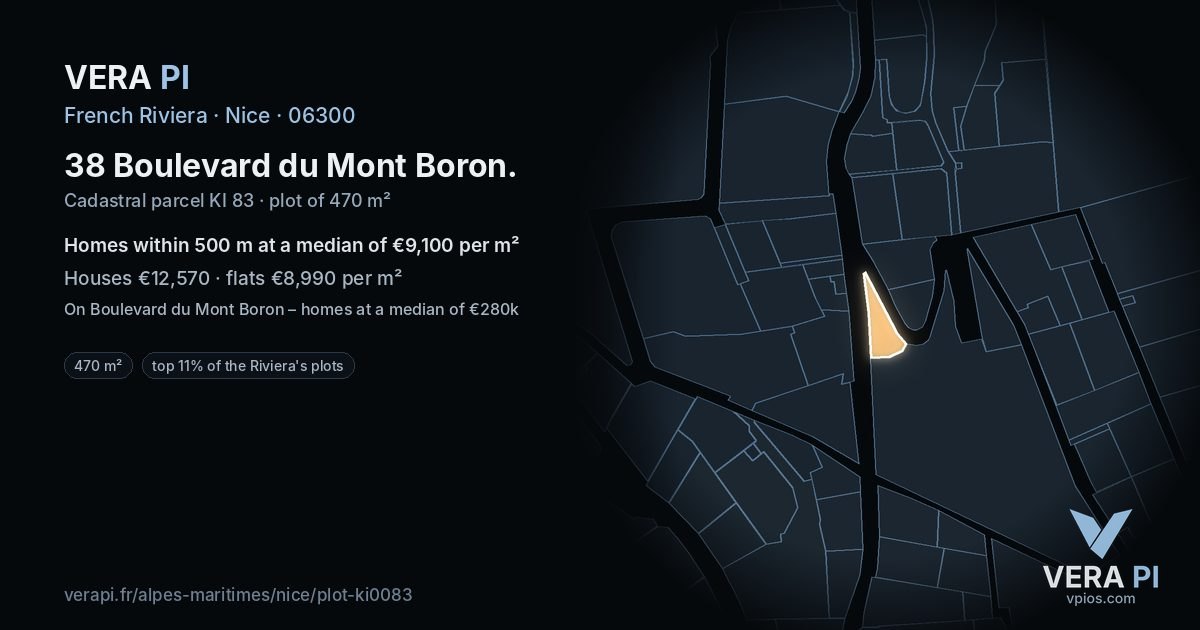 38 Boulevard du Mont Boron, Nice at night – the plot lit, the parcels around coloured by the prices near them
