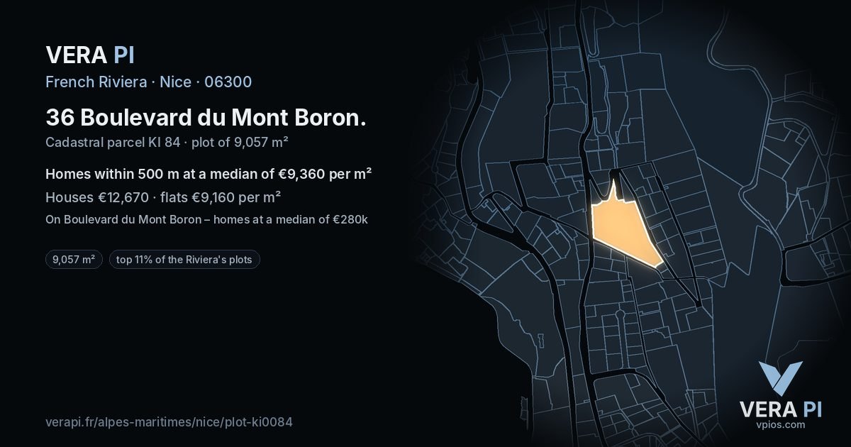 36 Boulevard du Mont Boron, Nice at night – the plot lit, the parcels around coloured by the prices near them