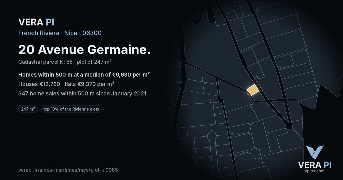 20 Avenue Germaine, Nice at night – the plot lit, the parcels around coloured by the prices near them