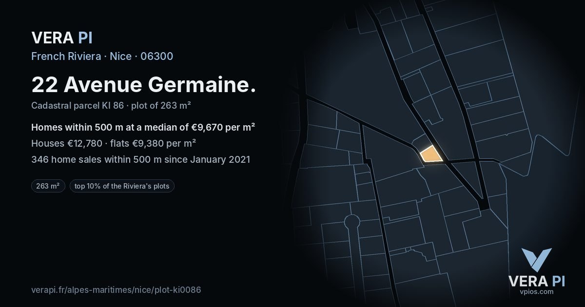 22 Avenue Germaine, Nice at night – the plot lit, the parcels around coloured by the prices near them