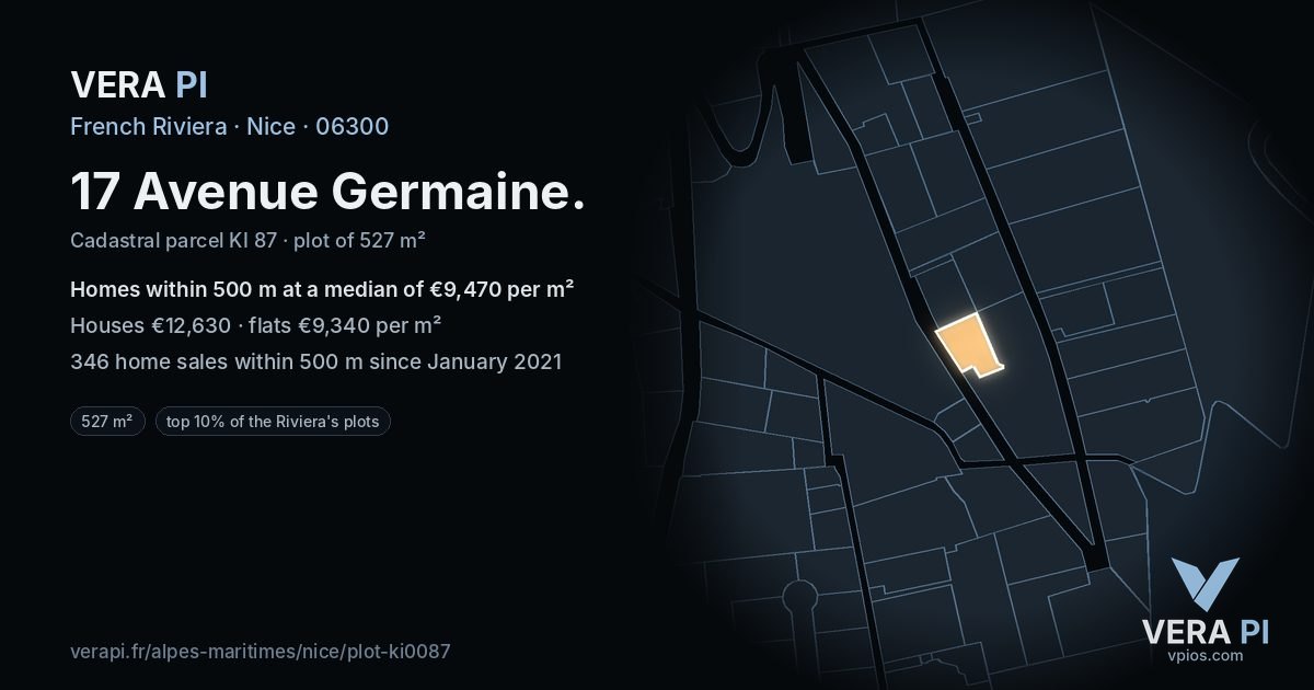 17 Avenue Germaine, Nice at night – the plot lit, the parcels around coloured by the prices near them