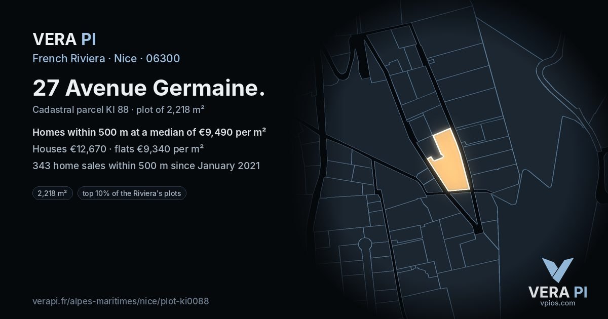 27 Avenue Germaine, Nice at night – the plot lit, the parcels around coloured by the prices near them