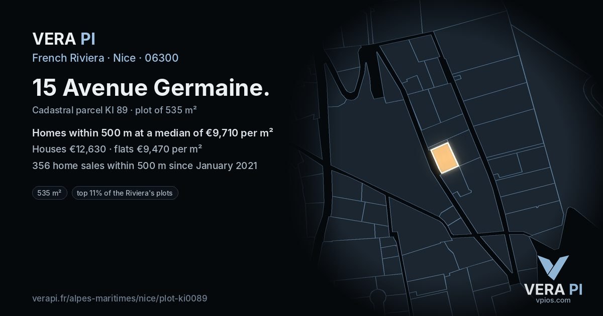15 Avenue Germaine, Nice at night – the plot lit, the parcels around coloured by the prices near them