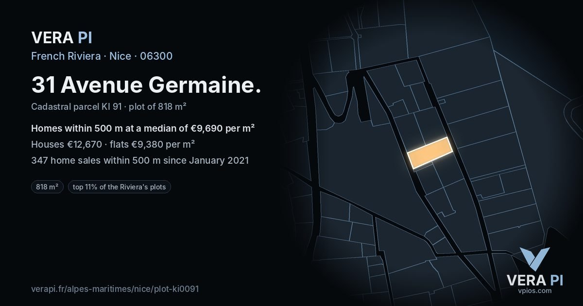 31 Avenue Germaine, Nice at night – the plot lit, the parcels around coloured by the prices near them