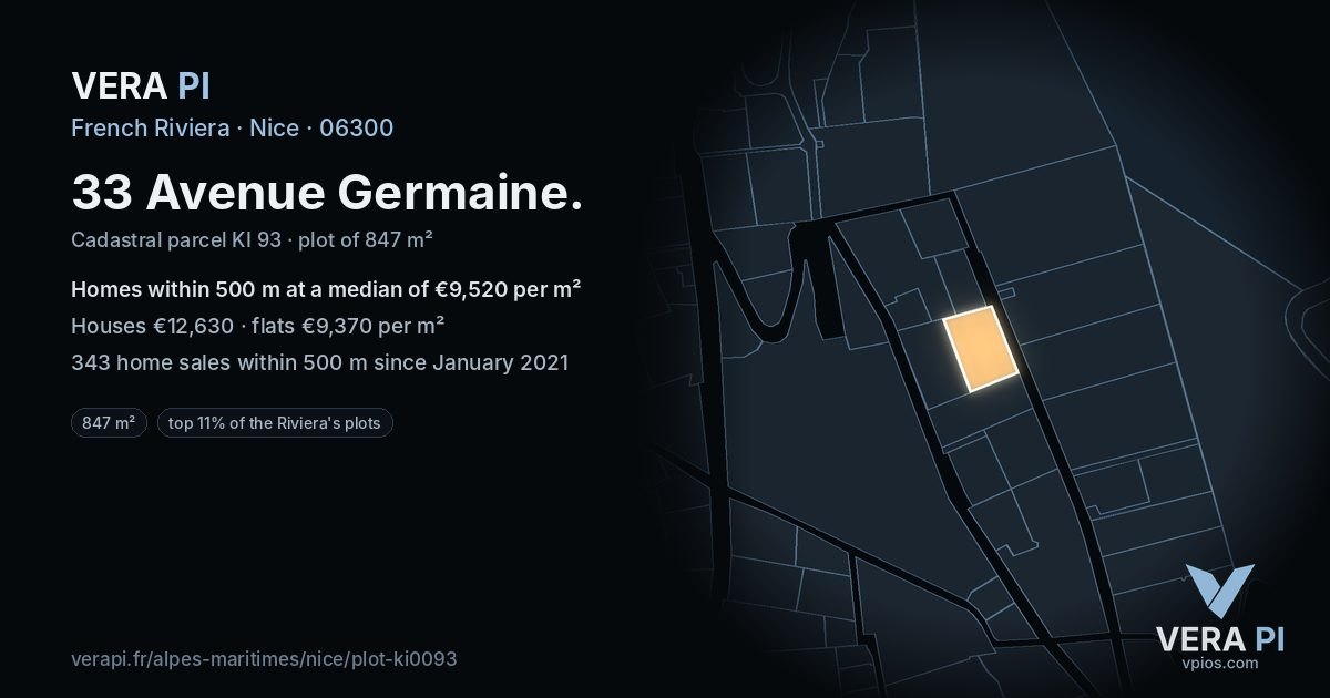 33 Avenue Germaine, Nice at night – the plot lit, the parcels around coloured by the prices near them