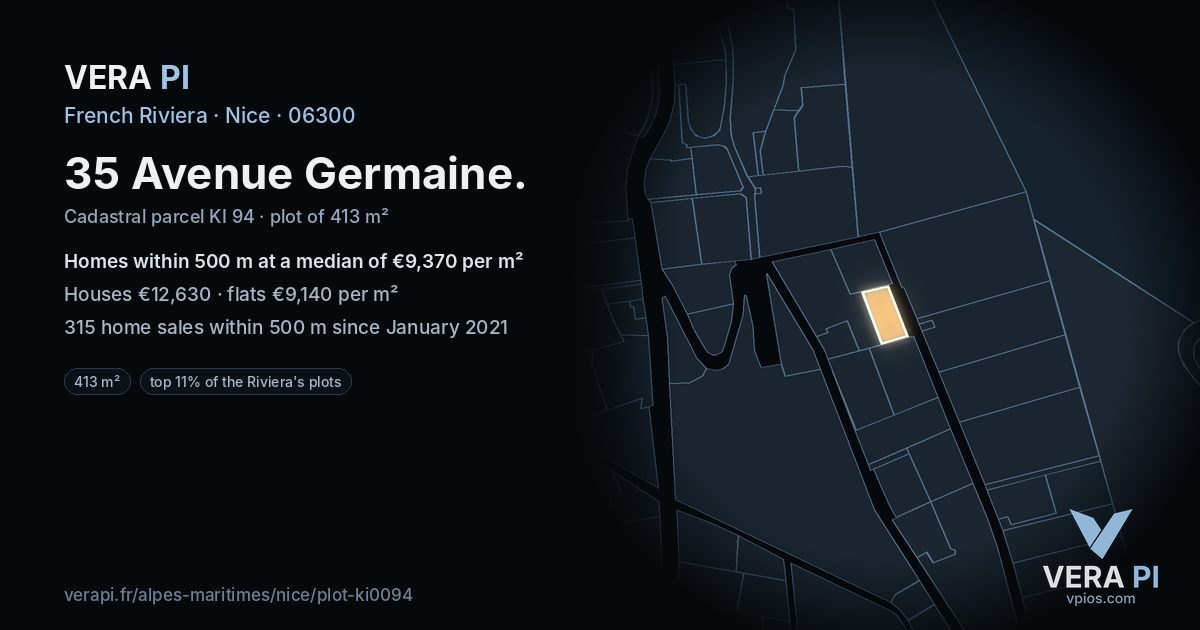 35 Avenue Germaine, Nice at night – the plot lit, the parcels around coloured by the prices near them