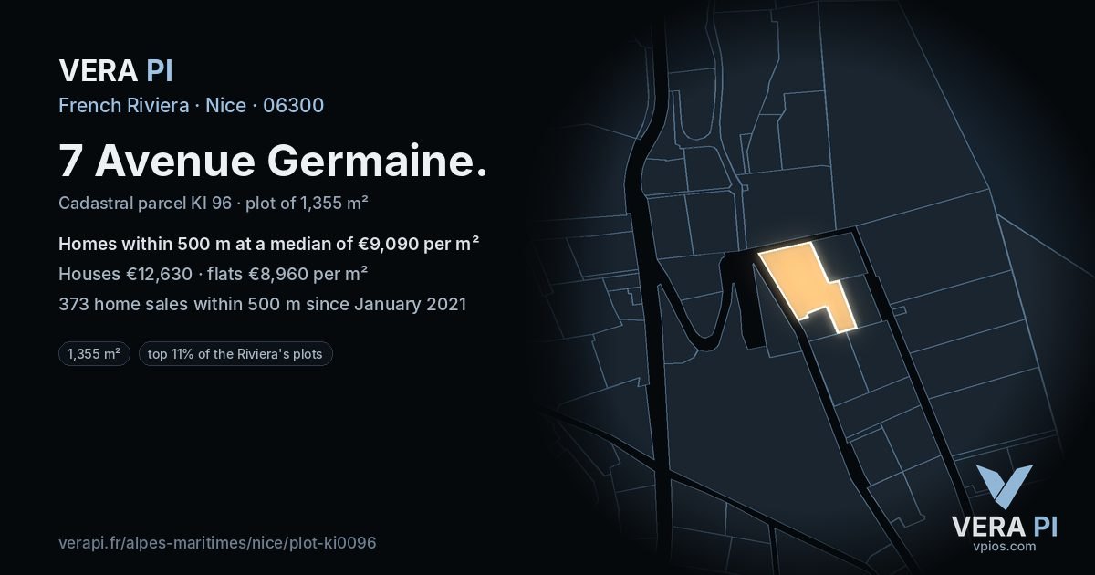 7 Avenue Germaine, Nice at night – the plot lit, the parcels around coloured by the prices near them