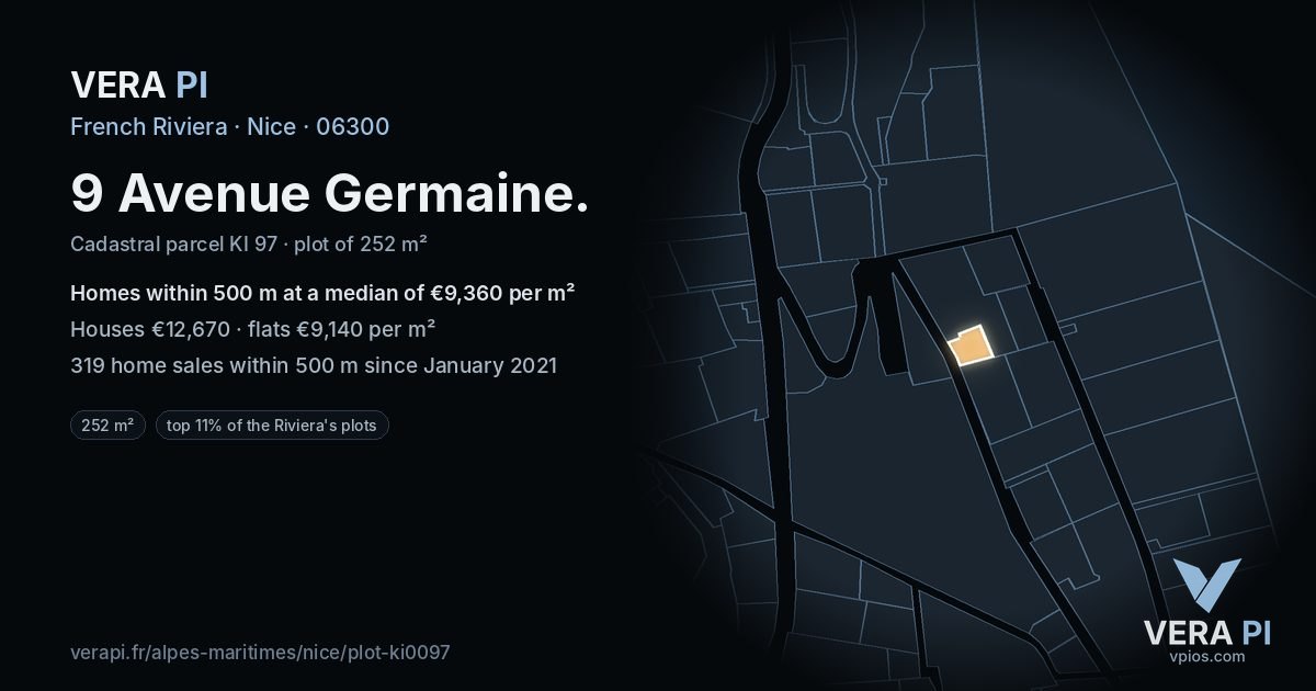 9 Avenue Germaine, Nice at night – the plot lit, the parcels around coloured by the prices near them