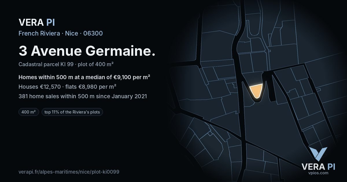 3 Avenue Germaine, Nice at night – the plot lit, the parcels around coloured by the prices near them