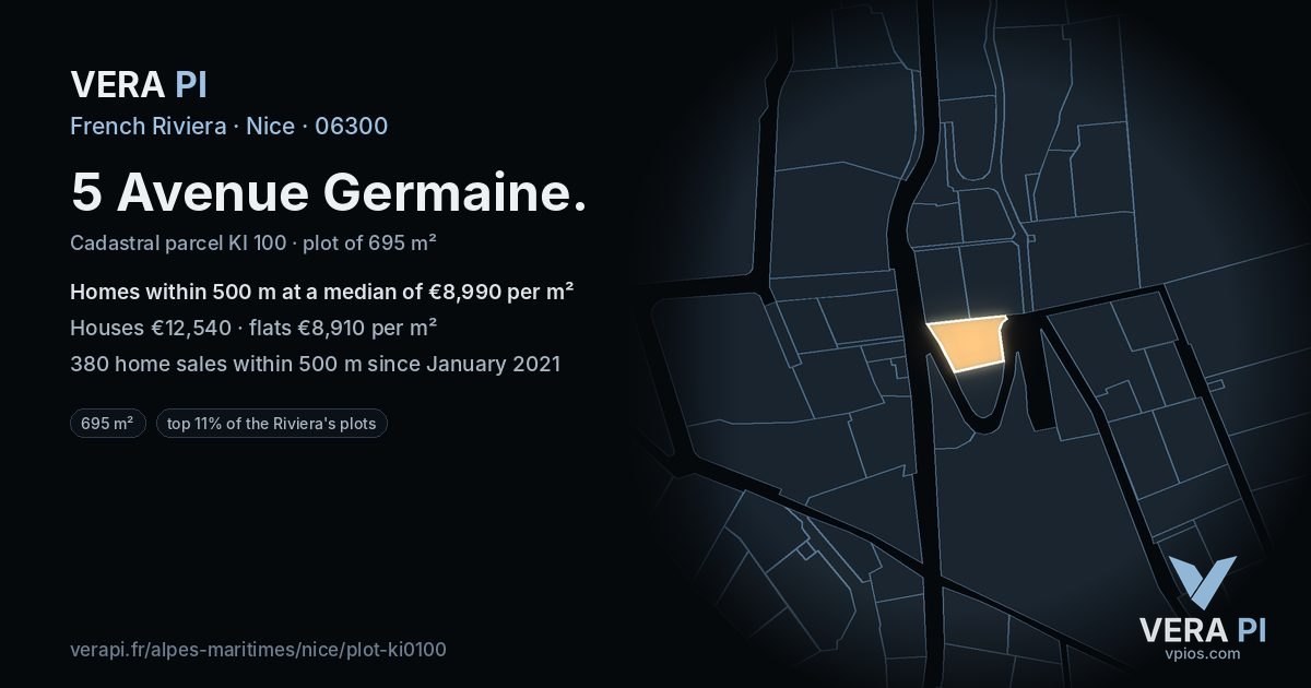 5 Avenue Germaine, Nice at night – the plot lit, the parcels around coloured by the prices near them