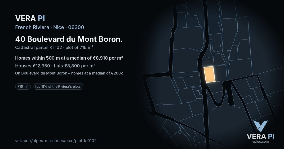 40 Boulevard du Mont Boron, Nice at night – the plot lit, the parcels around coloured by the prices near them
