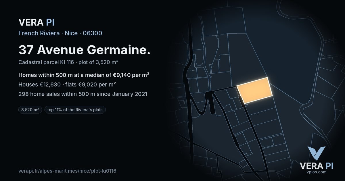 37 Avenue Germaine, Nice at night – the plot lit, the parcels around coloured by the prices near them