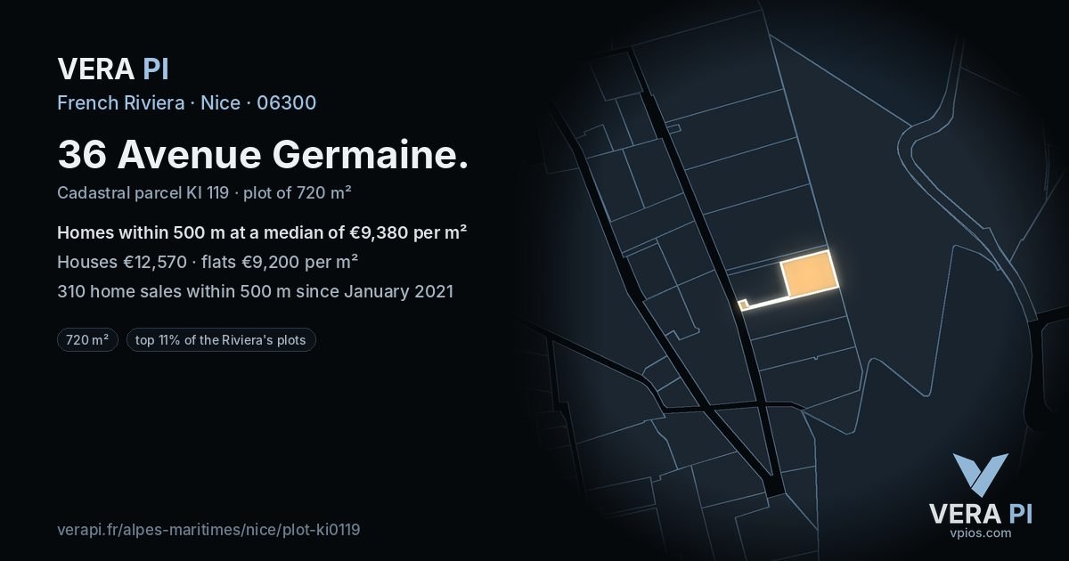 36 Avenue Germaine, Nice at night – the plot lit, the parcels around coloured by the prices near them