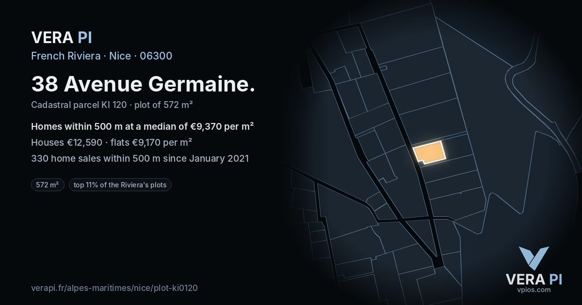 38 Avenue Germaine, Nice at night – the plot lit, the parcels around coloured by the prices near them