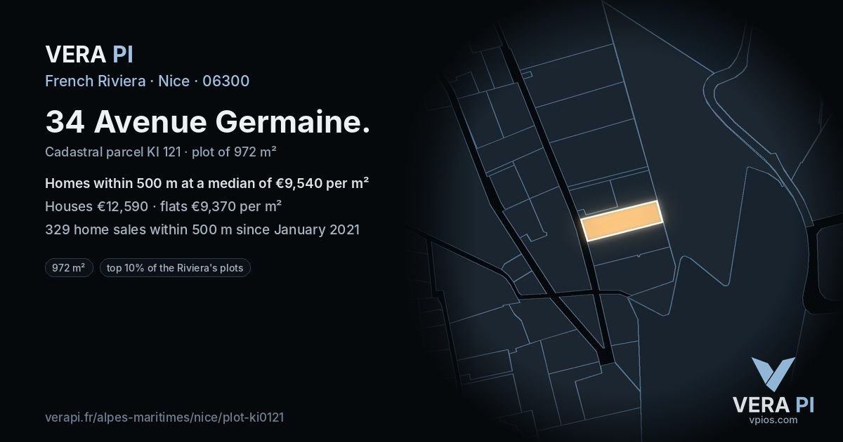 34 Avenue Germaine, Nice at night – the plot lit, the parcels around coloured by the prices near them