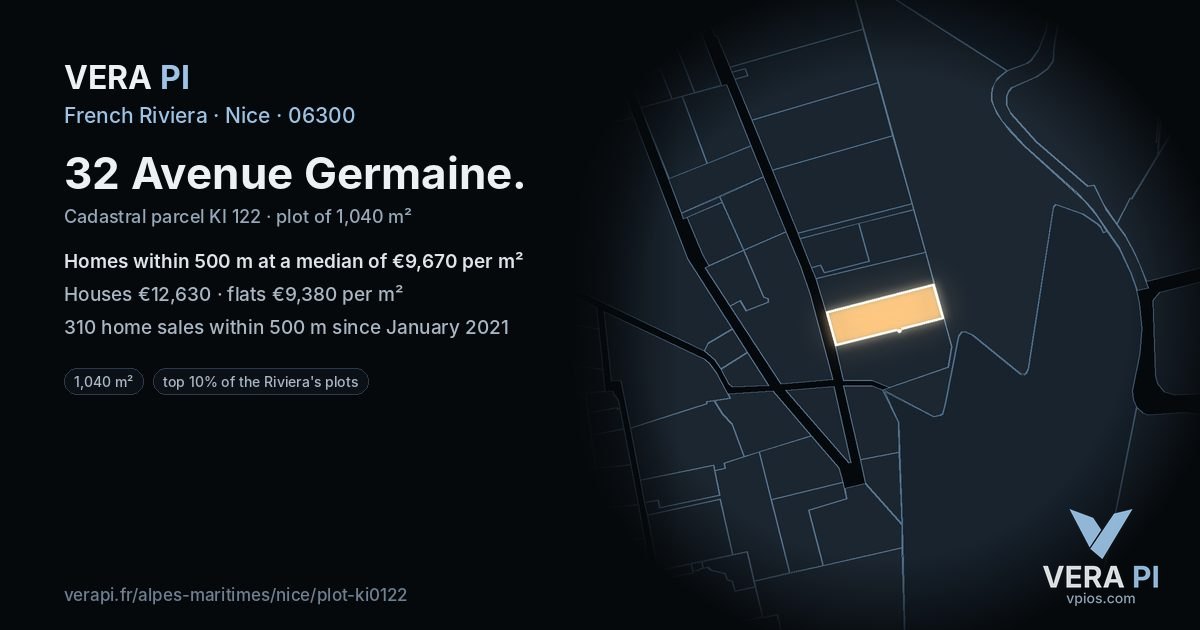 32 Avenue Germaine, Nice at night – the plot lit, the parcels around coloured by the prices near them