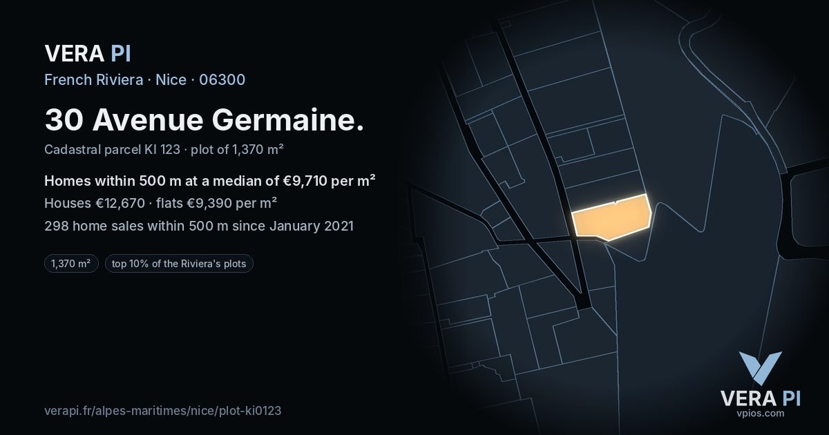 30 Avenue Germaine, Nice at night – the plot lit, the parcels around coloured by the prices near them